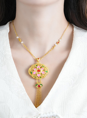 国潮2026新款女士金色爱心珐琅吊坠花开富贵系列囍饰螺钿套链项链