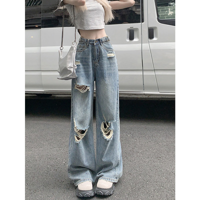美式复古大码破洞牛仔裤女胖mm高腰直筒设计感高街vibe阔腿拖地