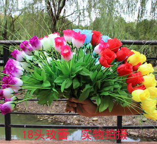 仿真花卉绢花18头玫瑰花束假花玫蕾盆栽布景装饰盆景花批发手捧花