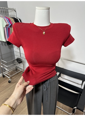 时髦进阶款～ 垫肩小圆领短袖T恤修身打底衫基础款上衣春夏新款