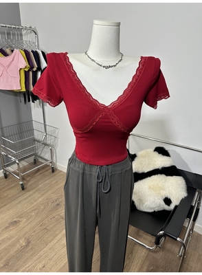 短袖甜辣蕾丝边性感时髦