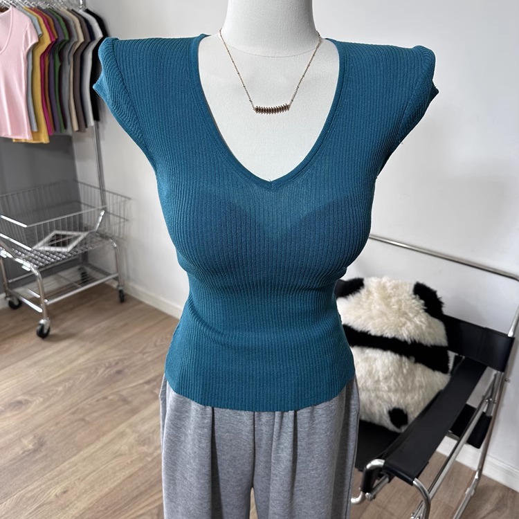 V领针织衫短袖透视薄款冰丝爽麻打底衫上衣夏季新款