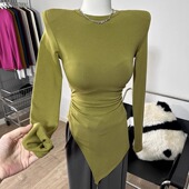 磨毛打底衫 垫肩加绒褶皱不规则下摆长袖 T恤修身 上衣秋冬1