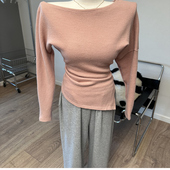 不规则打底衫 斜肩开叉长袖 T恤褶皱露肩修身 上衣1