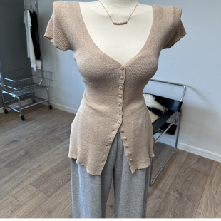 上衣秋季 大V领单排扣短袖 打底衫 修身 针织衫