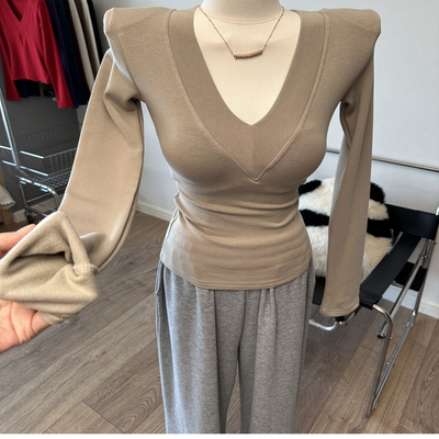 垫肩V领加绒长袖T恤磨毛打底衫上衣加厚秋冬