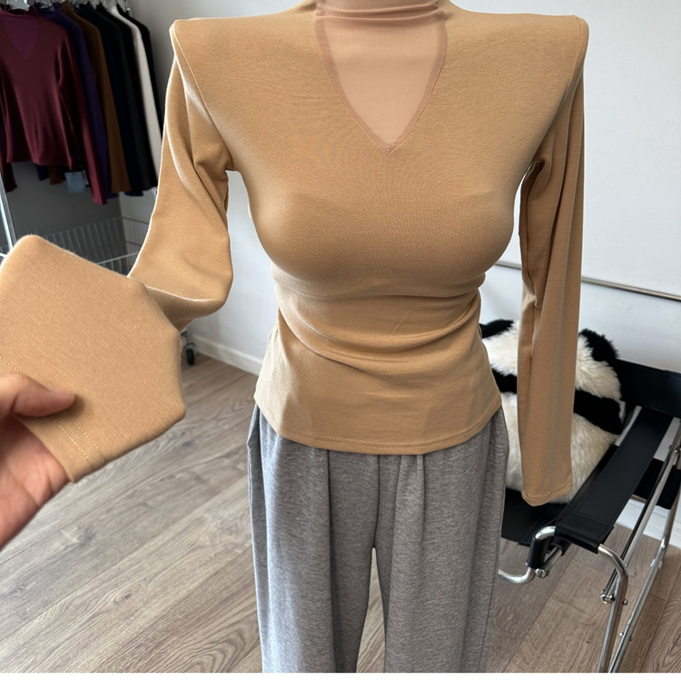 半高领网纱拼接长袖T恤修身立领打底衫上衣