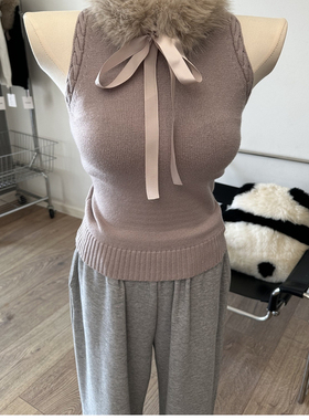 奶茶甜心~ 可拆卸毛领蝴蝶结无袖半高领针织背心修身打底衫上衣