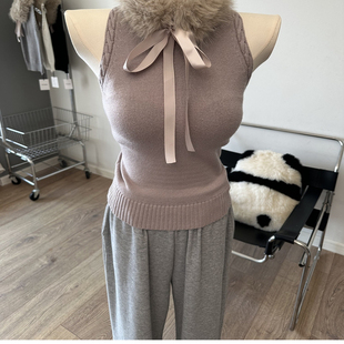 奶茶甜心~ 可拆卸毛领蝴蝶结无袖半高领针织背心打底衫上衣1