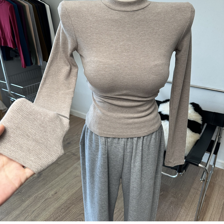 垫肩小立领经典磨毛长袖T恤修身加绒打底衫上衣