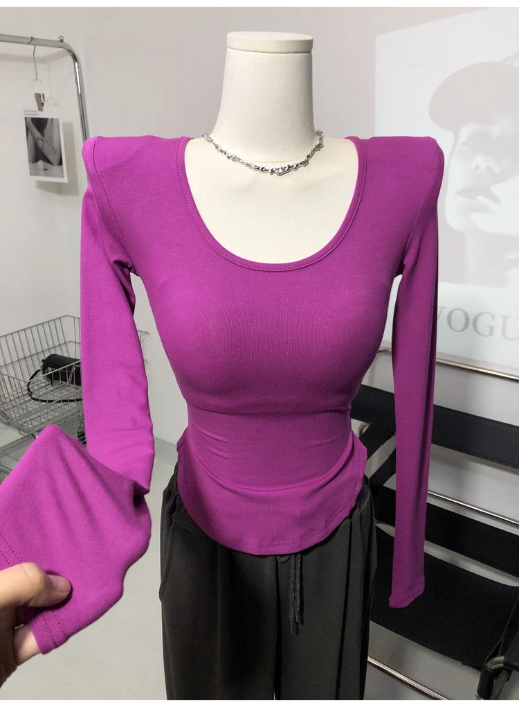 纸片人级别～ 垫肩U领圆弧下摆长袖T恤修身打底衫上衣春季新款