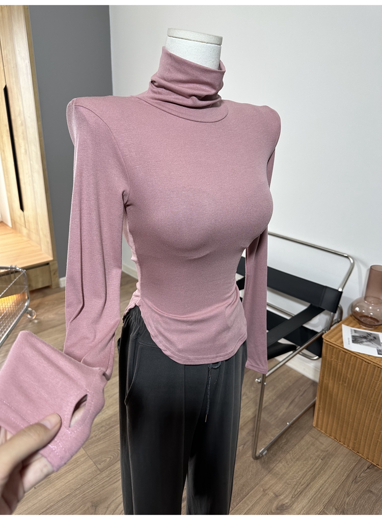 纯欲～高领套手指弧形下摆长袖T恤修身堆堆领打底衫上衣秋季新款