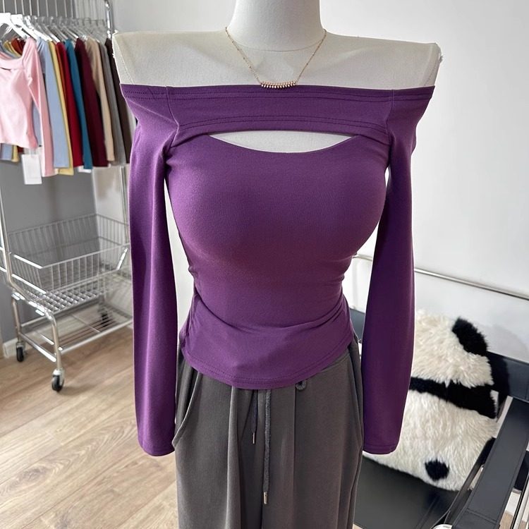 心动～漫画胸 可拆卸胸垫一字领露肩长袖T恤短款修身打底衫上衣,女装/女士精品,T恤,淘宝优惠券,粉丝福利购,淘宝优惠卷