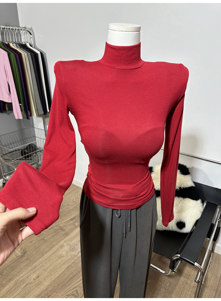 秋天的氛围～ 垫肩半高领长袖T恤修身立领打底衫上衣秋季1