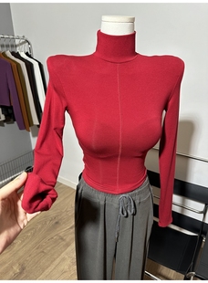 前后两穿!高领拼接中线垫肩加绒长袖T恤修身磨毛短款打底衫上衣1