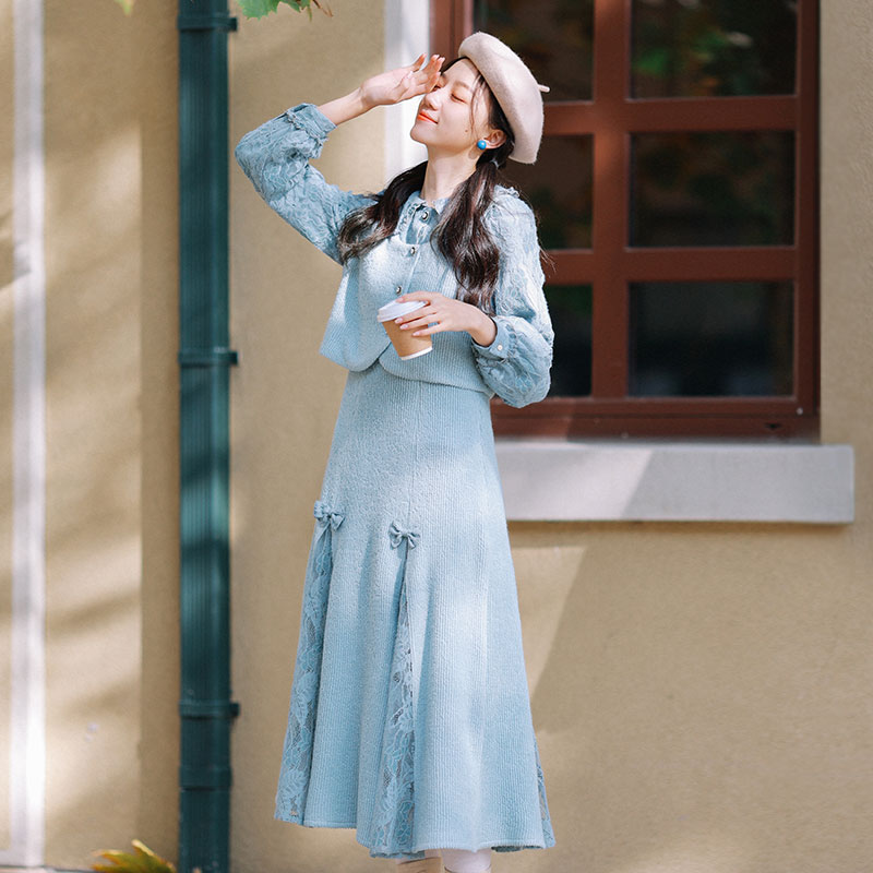 青溪长 微笑向暖复古通勤假两件连衣裙女 秋冬蓝色拼蕾丝打底裙子