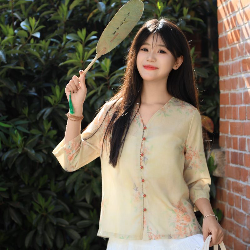 微笑向暖 新中式印花上衣衬衫 夏季文艺茶服清冷风轻薄棉麻小衫