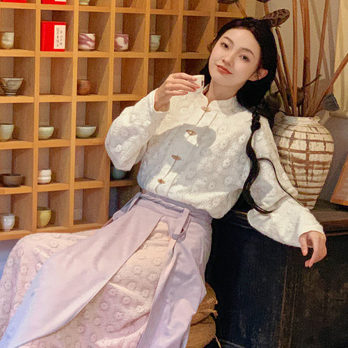 微笑向暖 复古国风汉服弓袋袖蕾丝衬衫 新中式长袖改良百搭上衣