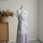 微笑向暖 显瘦气质旗袍套装 复古印花国风连衣裙2025夏季 绝美修身