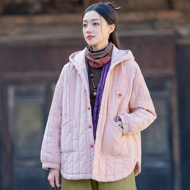 微笑向暖秋冬苎麻夹棉绗缝竖格棉袄棉服宽松休闲连帽保暖显瘦棉衣