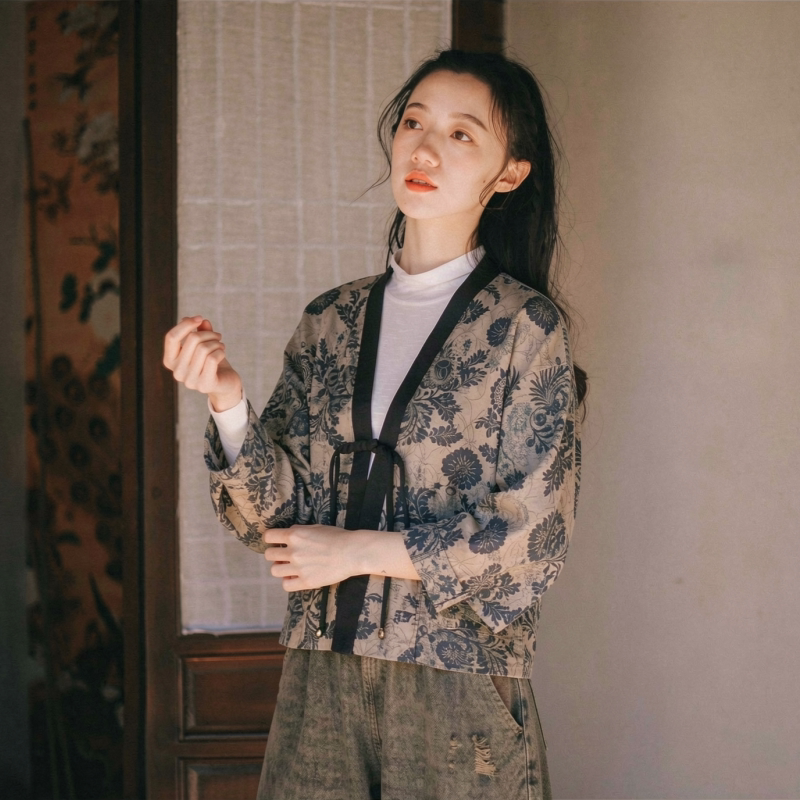 微笑向暖 复古印花外套 改良新中式斜纹棉茶服时尚长袖蝙蝠袖上衣
