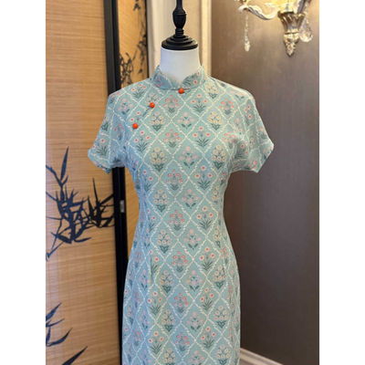 微笑向暖 复古国风绿色短袖显白显瘦修身款日常拉链送考清新旗袍