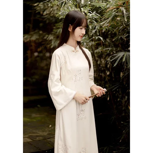 灯芯绒纯色复古刺绣旗袍裙