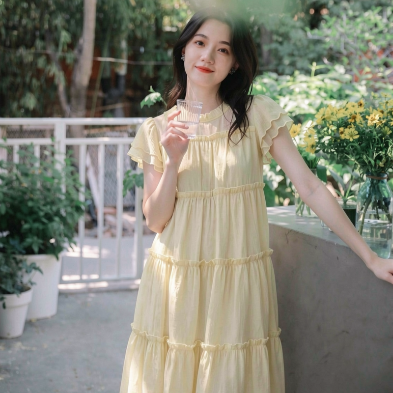 微笑向暖 甜美木耳边飞飞袖连衣裙 夏季宽松娃娃裙系带蛋糕长裙