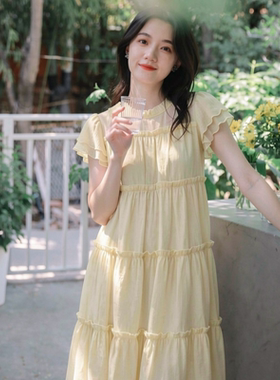 微笑向暖 甜美木耳边飞飞袖连衣裙 夏季宽松娃娃裙系带蛋糕长裙