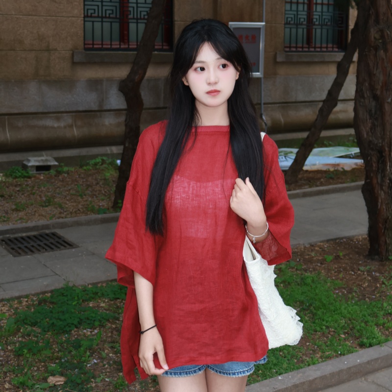 微笑向暖 夏季新慵懒风百搭遮肉中长款麻料T恤休闲风宽松显瘦上衣