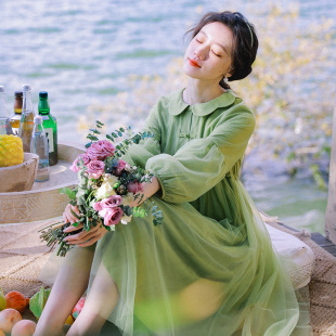 微笑向暖 宽松娃娃裙 记得绿罗裙清新森系少女显白绿色连衣裙夏款