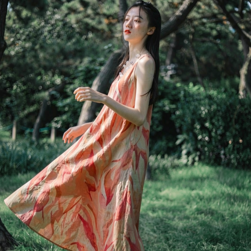 微笑向暖 亚麻晕染浪漫连衣裙 高级感显瘦茶歇法式印花扎染吊带裙