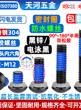 304不锈钢电泳黑色圆杯内六角密封圈防水螺栓点胶防松螺丝钉M2-M8