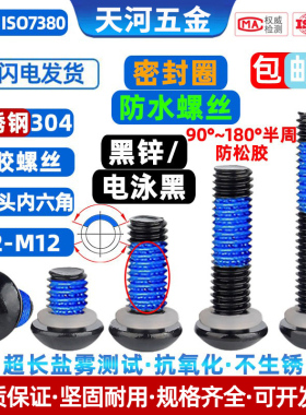304不锈钢电泳黑色圆杯内六角密封圈防水螺栓点胶防松螺丝钉M2-M8