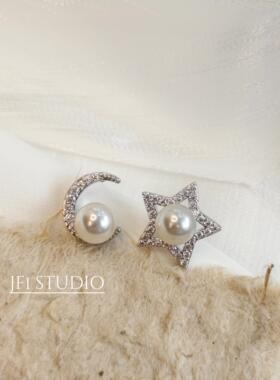 星月AB款珍珠耳钉仿真施家珍珠耳环韩系气质S925纯银耳针温柔时尚