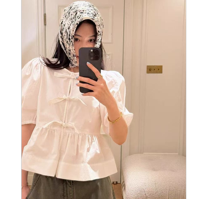 2025新款轻奢高级感蝴蝶结系带韩系白色衬衫女绑带泡泡袖减龄衬衣