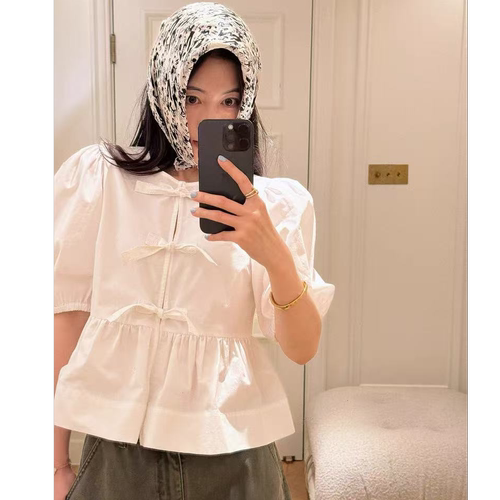 2025新款轻奢高级感蝴蝶结系带韩系白色衬衫女绑带泡泡袖减龄衬衣