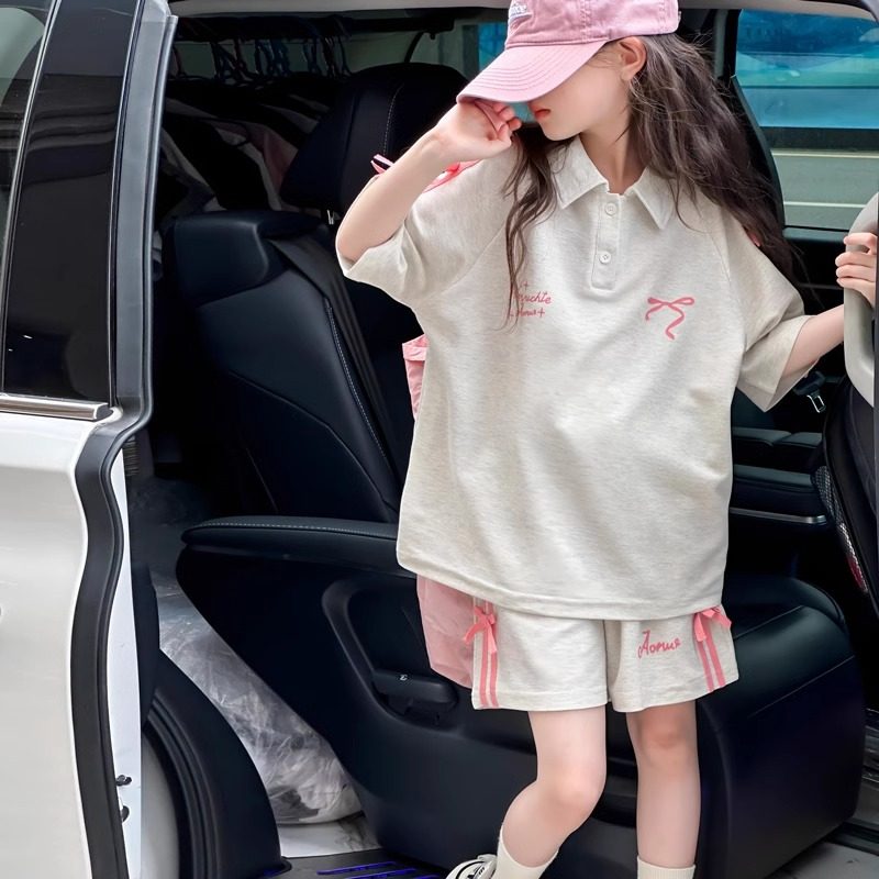 女童蝴蝶结套装短裤夏季2025新款儿童T恤织带短袖运动POLO衫衣服