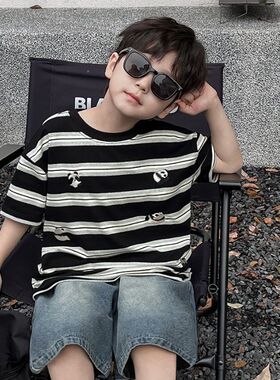 男童卡通刺绣可爱熊猫短袖2026新款儿童休闲上衣黑白条纹小童T恤