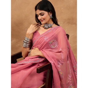 印度纱丽粉色刺绣乔其纱异域风女长裙显瘦优雅聚会 新款 花镜