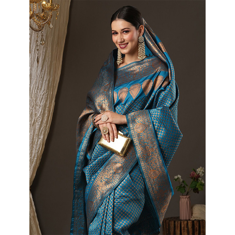 2025秋新款湖蓝提花印度纱丽异域传统民族风女裹裙莎莉气质显瘦