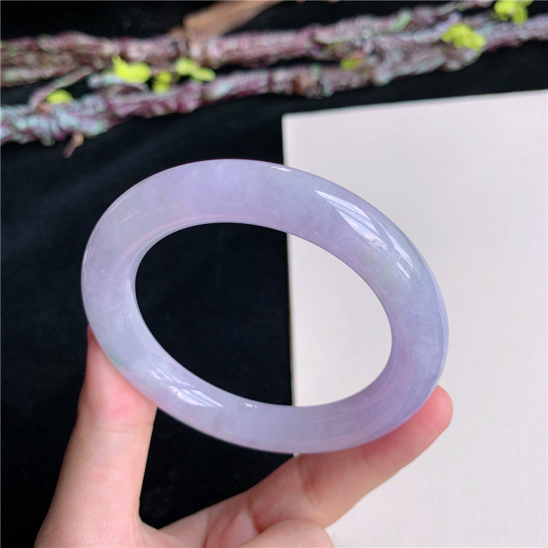 5月新品 鸿玉翡翠51圈口冰糯种紫罗兰圆条玉手镯女款正品13S20528