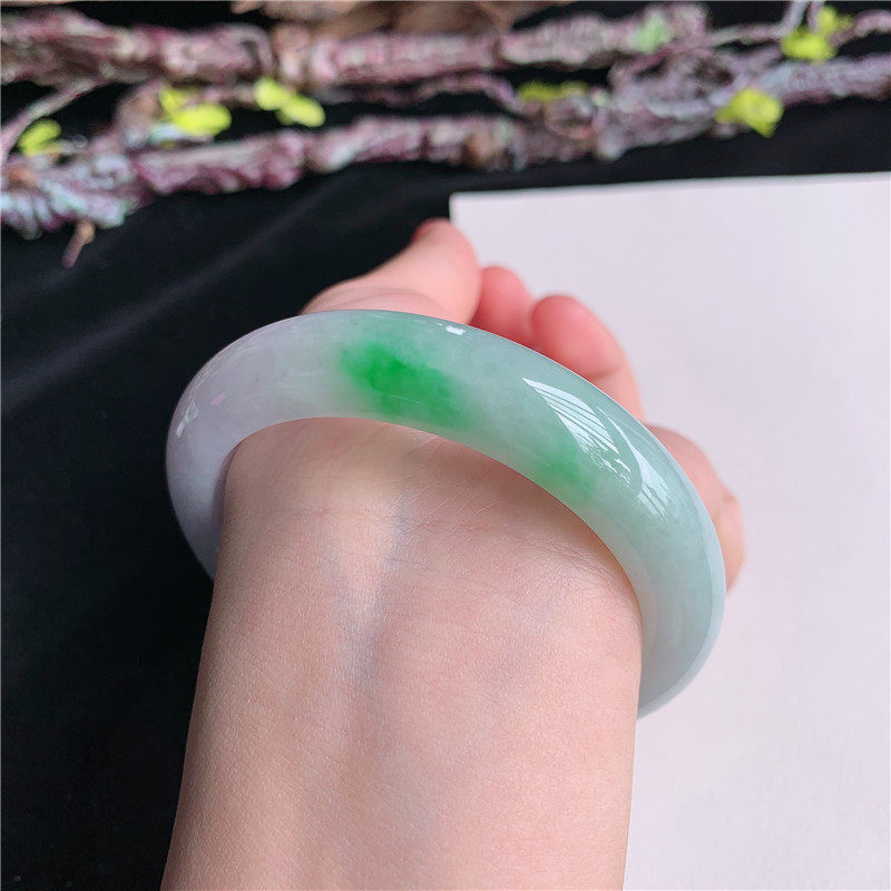 5月新品 鸿玉翡翠56圈口冰糯种飘阳绿正圈玉手镯女款正品5A50507
