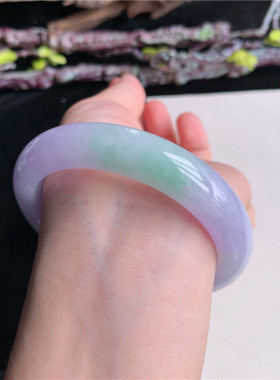 6月新品 鸿玉翡翠58圈口冰糯种紫罗兰飘绿正圈玉手镯女款33V90623