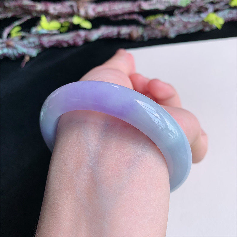 5月新品 鸿玉翡翠54圈口冰糯种紫罗兰春彩正圈玉手镯女款3A80527