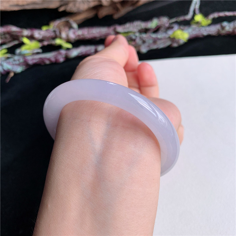 7月新品 鸿玉翡翠53圈口冰糯种淡紫底圆条玉手镯女款正品14Y90713