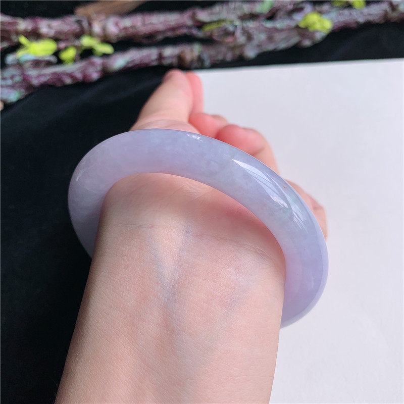 6月新品 鸿玉翡翠56圈口冰糯种紫罗兰圆条玉手镯女款正品7D70605