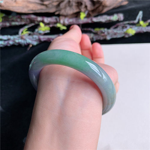 8月新品 鸿玉翡翠52圈口冰糯种三彩圆条玉手镯女款正品14T20731