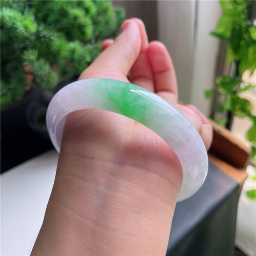 9月新品 鸿玉翡翠60圈口冰种紫韵飘阳绿正圈玉手镯女款13F70910
