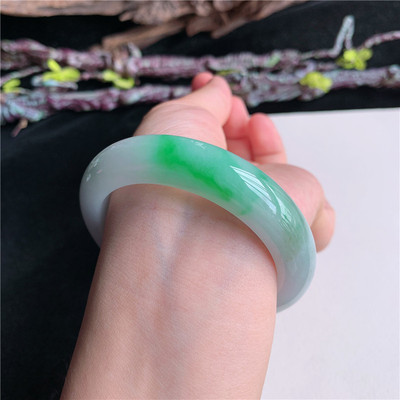 7月新品 鸿玉翡翠53圈口冰糯种紫底飘阳绿正圈玉手镯女款3H40704